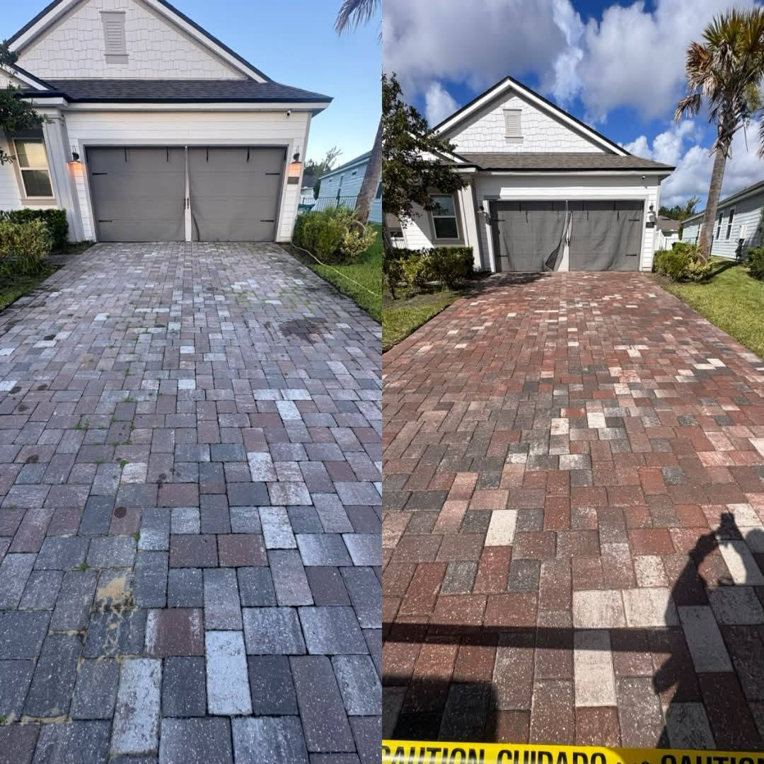Before and after paver sealing on a brick driveway completed by Jax Pressure Pro